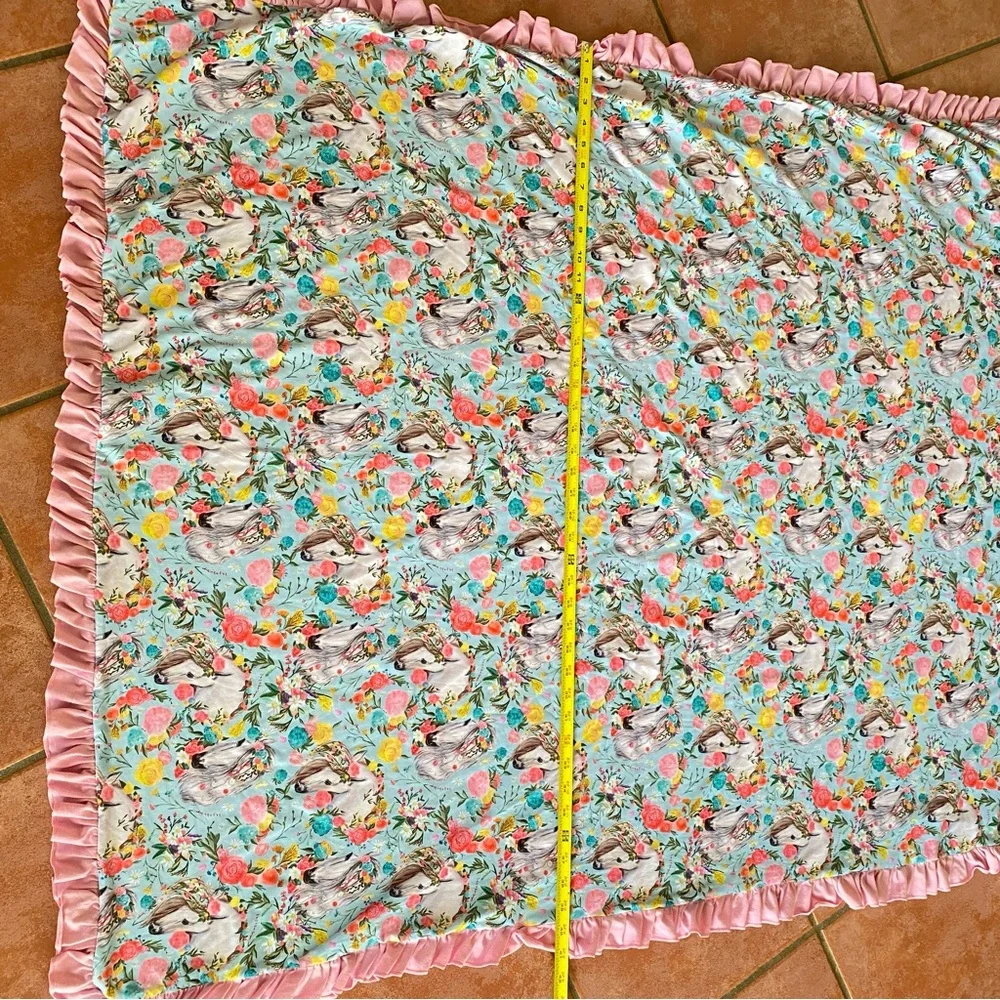 Whimsical Floral Horse Print Throw Blanket w/Solid Pink on the back side Ruffles